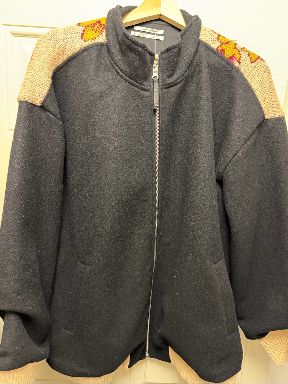Anthropologie Black Bomber Jacket with Beige Floral Knit Shoulders